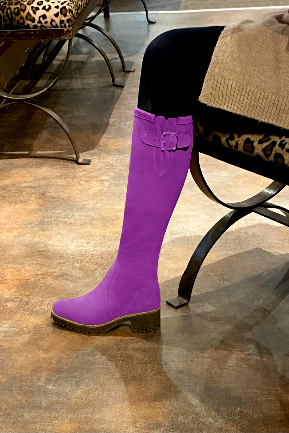 Mauve purple women's knee-high boots with buckles.. Made to measure. Worn view - Florence KOOIJMAN